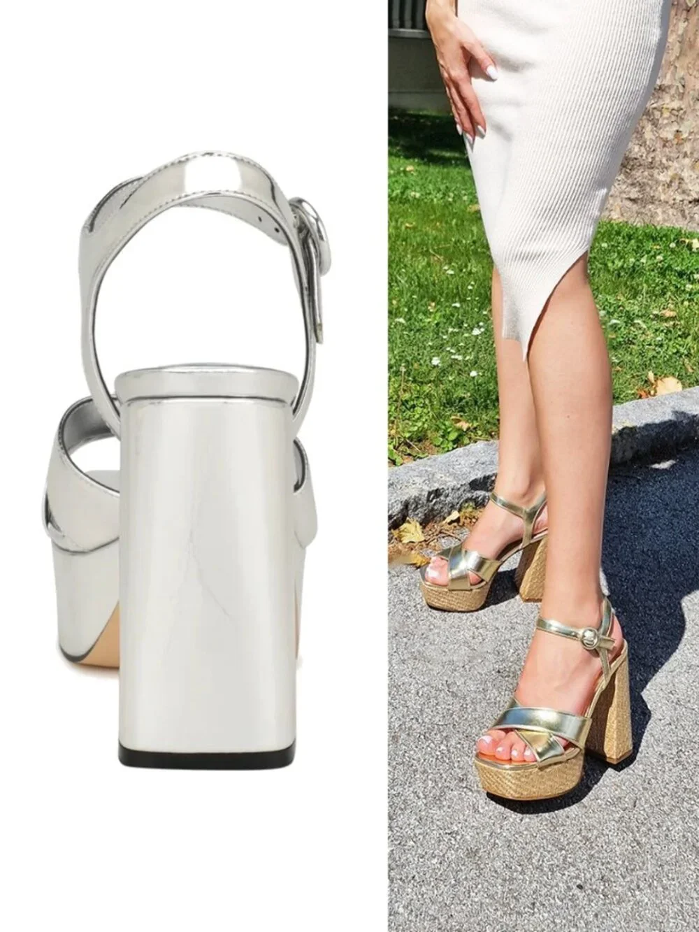 NINE WEST Vallen3 Silver Mirror Metallic Strappy Platform